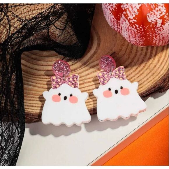 NWT Acrylic Pink Sparkly Bow White Ghost Halloween Dangle Earrings - Picture 2 of 7